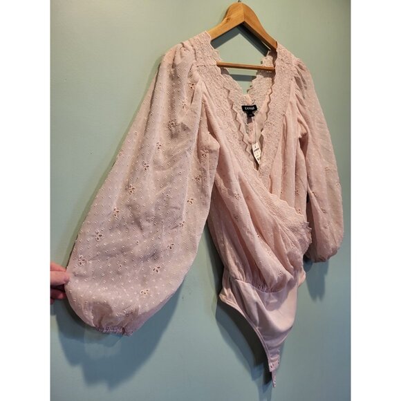 New Express Blush Pink Semi Sheer Long Puff Sleeve Bodysuit Sz S Feminine Fairy - Picture 3 of 7